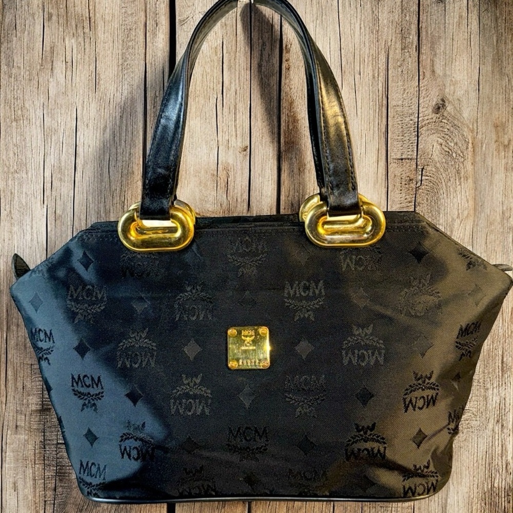 MCM Vintage Black Visetos Jacquard Nylon Shoulder Bag Made in Germany with COA